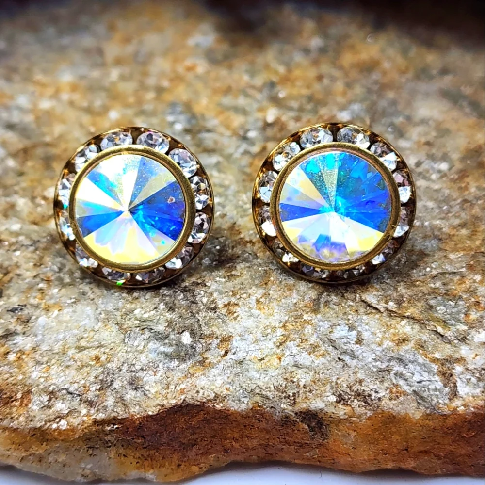 80's Rhinestone Stud Baroque Earrings Pierced Ravioli Brass Tone Statement Vtg